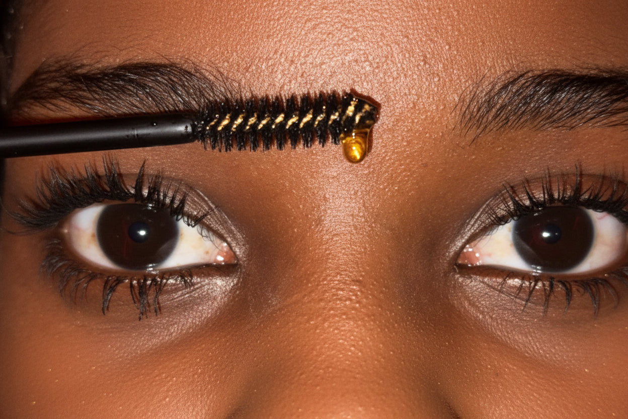 Close-up of a person applying mascara with a brush, showing the product on the eyelashes.